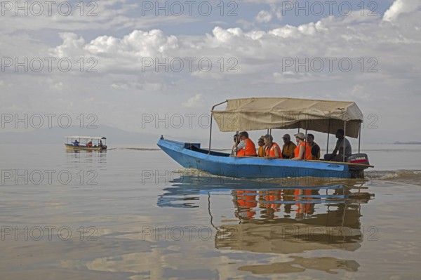 Motorboat with tourists on Lake Chamo, Chamo Hayk near Arba Minch in Southern Nations,