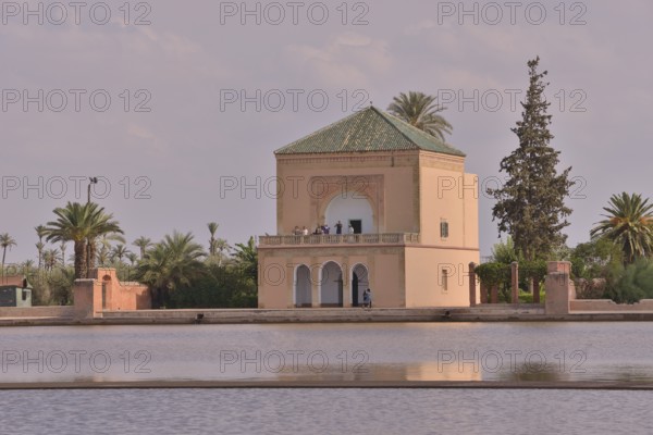 Pavilion in the Menara Gardens or Jardin de la Menara, UNESCO World Heritage Site, Marrakesh,