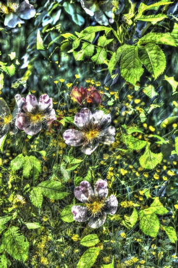 Dog rose (Rosa canina), dog rose, dog rose, heather rose, hagrose, oil painting-like photograph,