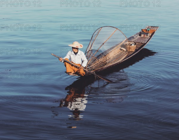 Myanmar travel attraction, Traditional Burmese fisherman at Inle lake, Myanmar famous for their