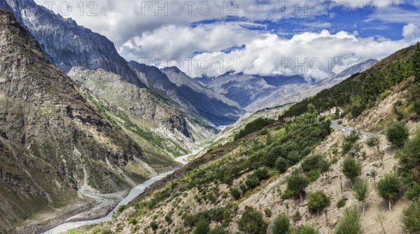 Panorama of Chandra river in Lahaul valley in Himalayas. Himachal Pradesh, India, Asia