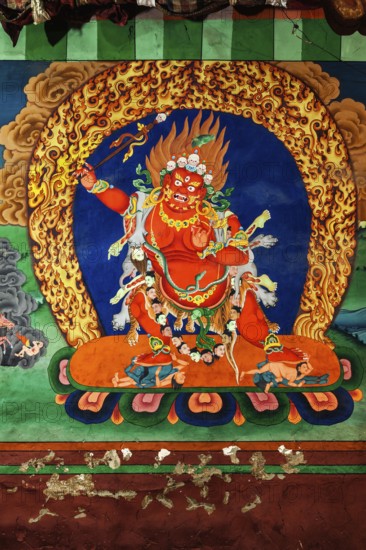 HEMIS, INDIA, SEPTEMBER 4, 2011: Wall painting of Dharmapala, Tibetan Buddhism wrathful protector