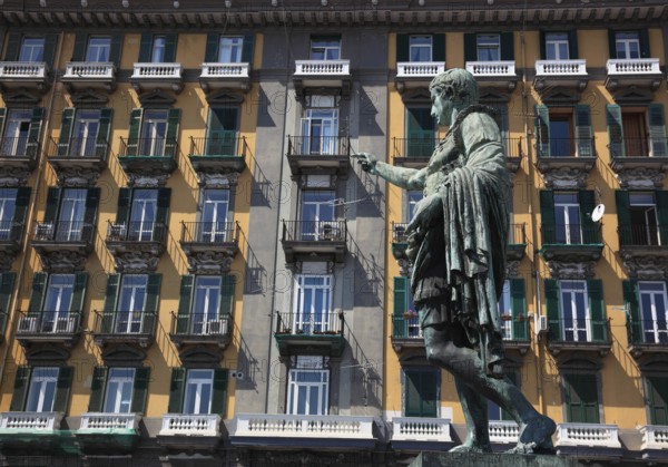 Statue of Caesar in front of a house in Via Santa Lucia in Naples, Campania, Italy, Europe