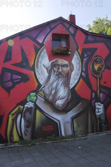 Mural Saint Patrick by Klark Kent and Case MaClaim, Streetart, Grafitti, Figure, Wizard, Staff,