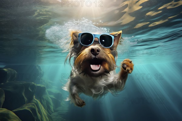 Yorkshire Terrier wearing sunglasses and diving in a river, AI Generated