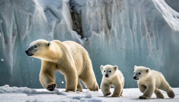 A polar bear with its two cubs walks through the snow in the polar region, AI generated