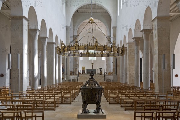 St. Mary's Cathedral, interior view with bronze baptismal font and hezilo chandelier, UNESCO World