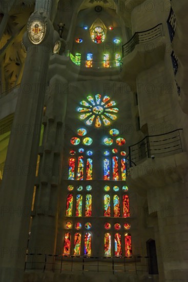 Interior view of the Familia Sagrada by the architect Antonio Gaudi in Barcelona, Spain, Europe