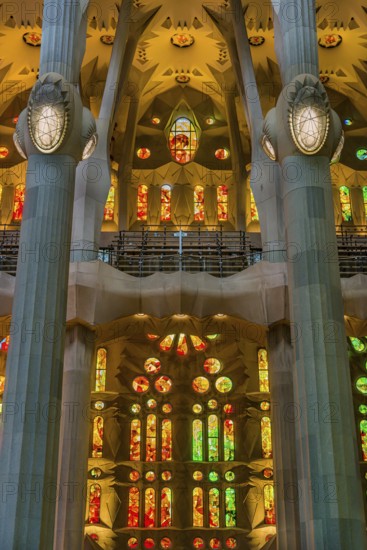 Interior view of the Familia Sagrada by the architect Antonio Gaudi in Barcelona, Spain, Europe