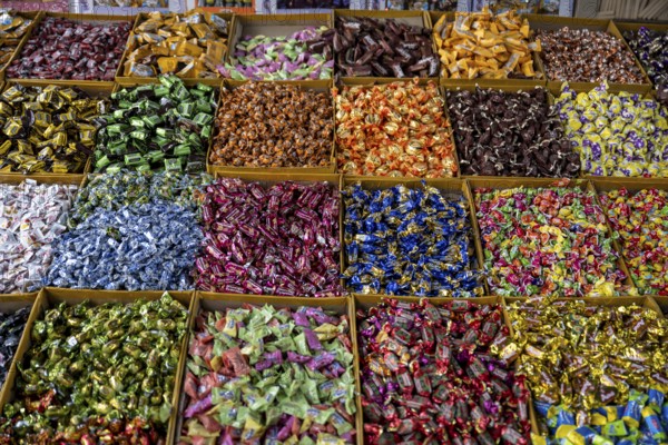 Sweets, market stall at the Osh Bazaar, Bishkek, Kyrgyzstan, Asia