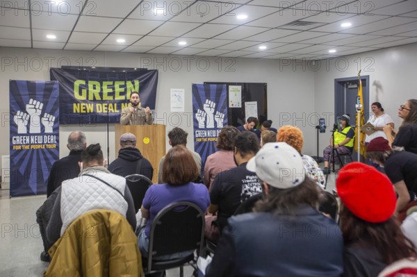 Dearborn, Michigan, Dearborn Mayor Abdullah Hammoud speaks at a rally calling for a Green New Deal.