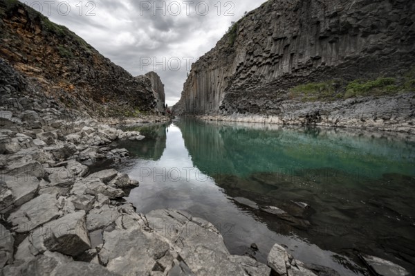 Stuðlagil Canyon, turquoise river between basalt columns, Egilsstadir, Iceland, Europe