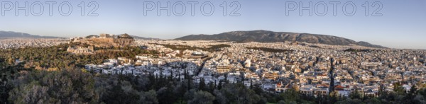 View from Philopappos Hill over the city, panorama of the Parthenon Temple and Herod's