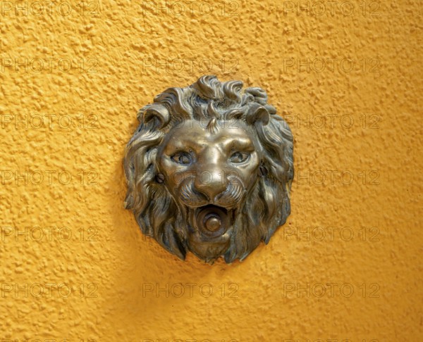 Doorbell knob in the shape of a lion on a yellow house wall, Burano Island, Venice, Veneto, Italy,