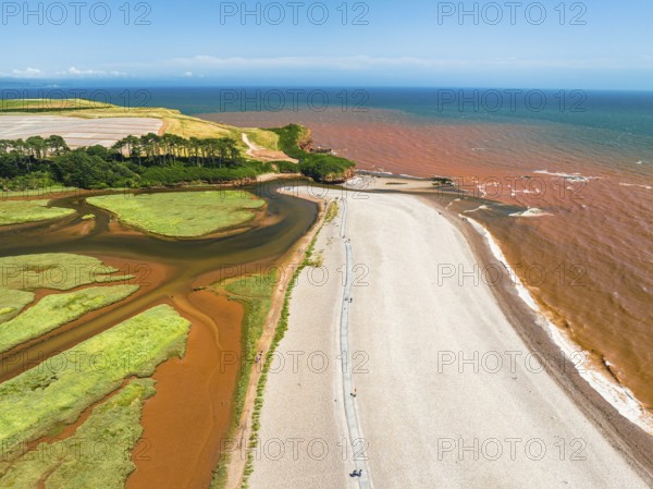 River Otter Estuary Nature Reserve from a drone, Budleigh Salterton Beach, Devon, England, United