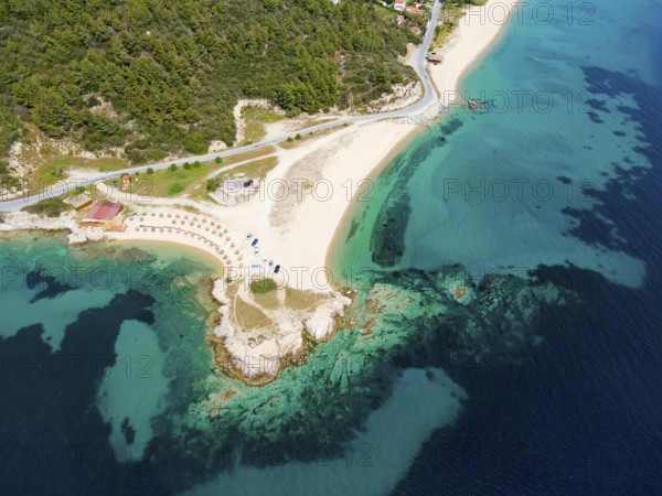 Aerial view, Ema beach, Toroni, Torone, Sithonia, Chalkidiki, Central Macedonia, Greece, Europe