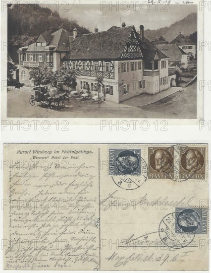 Both sides of a picture postcard from 1919, Hotel Zur Post in Wirsberg, today 2-star restaurant of