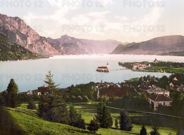Gmunden and Traunkirchen, Austria, c. 1890, Historic, digitally restored reproduction from a 19th