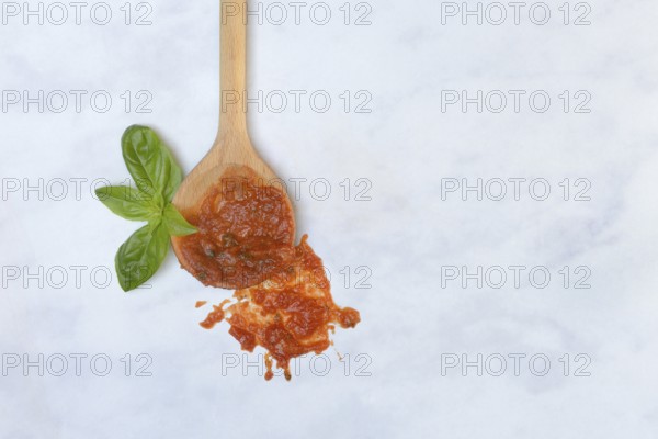 Cooking spoon with tomato sauce and basil leaf