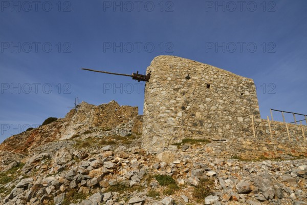 Old windmill, flour mill, Ambelos Pass, blue sky, Lassithi plateau, Lassithi, East Crete, island of