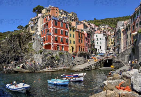 Fishing boats in the harbour of Riomaggiore, village view, Cinque Terre, province of La Spezia,