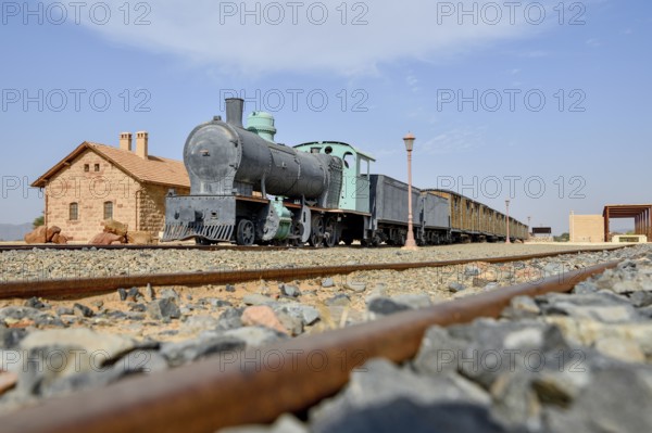 Historic train of the Hejaz Railway in the renovated station of Hegra, Madaa in Salih, AlUla