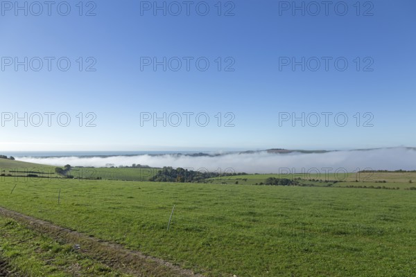 High fog over valley of River Adur, Shoreham by Sea, South Downs, West Sussex, England, United