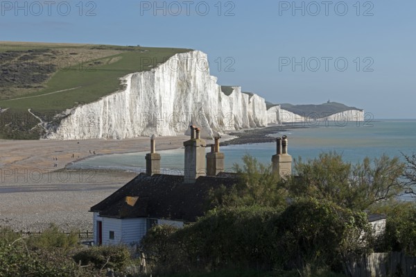 Cuckmere Haven, The Seven Sisters chalk cliffs, House, South Downs, England, United Kingdom, Europe