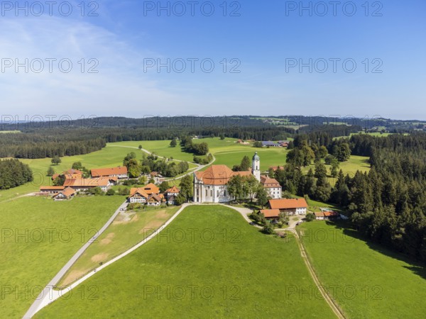 Aerial view of the pilgrimage church, Wieskirche, Steingaden, Romantic Road, Pfaffenwinkel, Upper