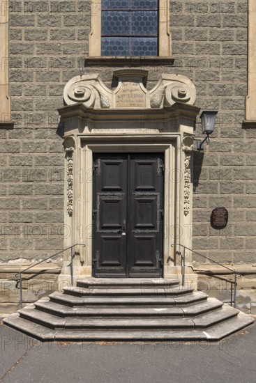 Entrance portal of the parish church St Michael, built 1713-1732, Zeil am Main, Lower Franconia,