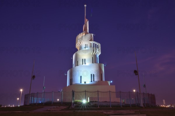 Lighthouse, blue hour, spiral, Marjan Island, Dammam, ash-Sharqiyya Province, Persian Gulf, Saudi