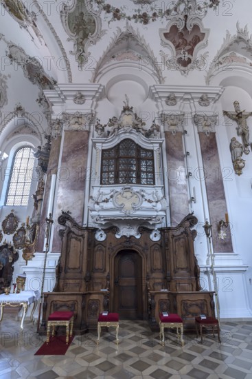 Patronage box in the baroque church of St. Andrew, Nesselwang, Bavaria, Germany, Europe