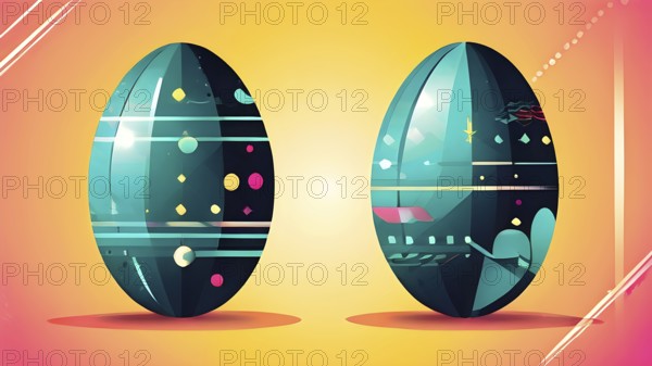 Abstract Easter egg design with geometric patterns, bold colors, and a mix of textures, creating a