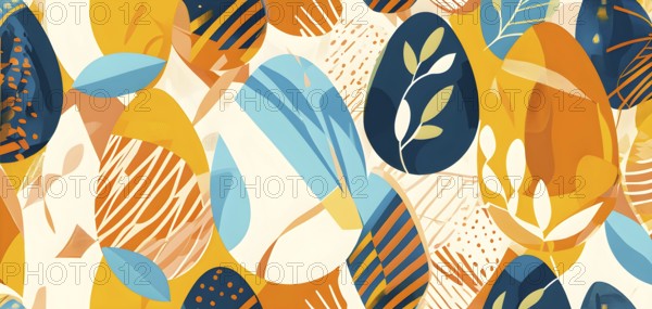 Abstract Easter egg design with geometric patterns, bold colors, and a mix of textures, creating a