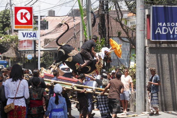 A boy sits on a bull, on the way to the cremation site, at a corpse cremation, Ubud, Bali,