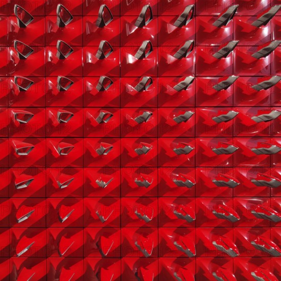 Structure of red rear-view mirrors, entrance area of the Seat Pavilion, Autostadt, Volkswagen AG,