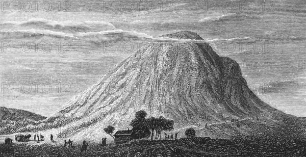 Puy de Dôme volcano in the Massif Central of the Auvergne, wooden hut, horse-drawn carriage,