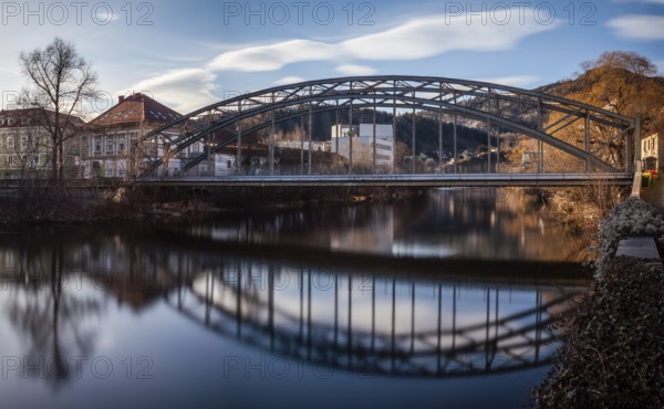 Bridge over the river Mur, Waasenbrücke, long exposure, panoramic shot, Leoben, Styria, Austria,