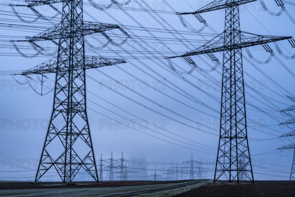 Large power line, 380 KV extra-high voltage lines, near Rommerskirchen, RWE lignite-fired power