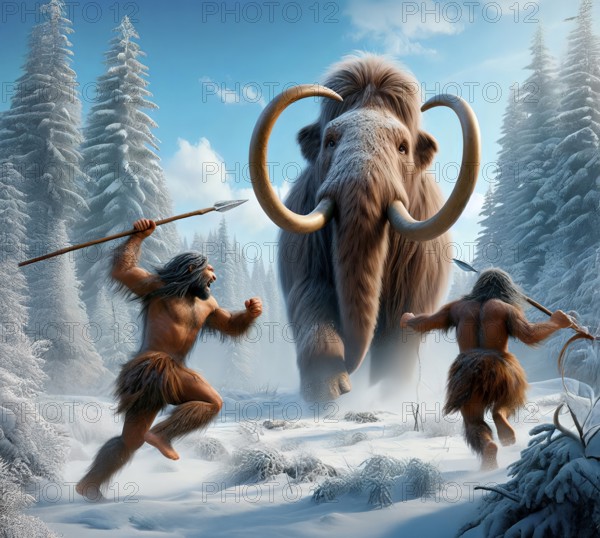 Two ice age hunters attacking a mammoth (Mammuthus) with spears in the prehistoric cold steppe