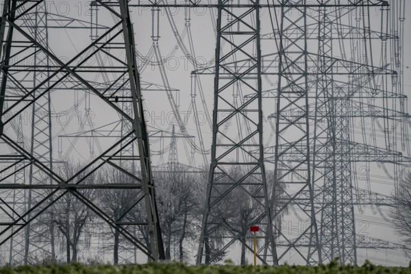 Large power line, 380 KV extra-high voltage lines, near Rommerskirchen, in the fog, winter, North