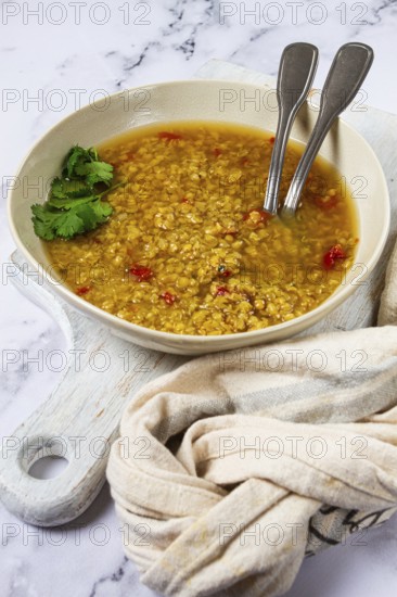 A bowl of lentil soup filled with warm, rich flavors, garnished with fresh herbs, accompanied by