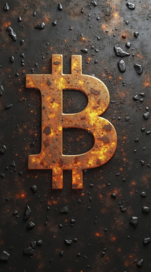 A digital currency symbol is depicted as a fiery, metallic emblem, resting on a surface strewn with