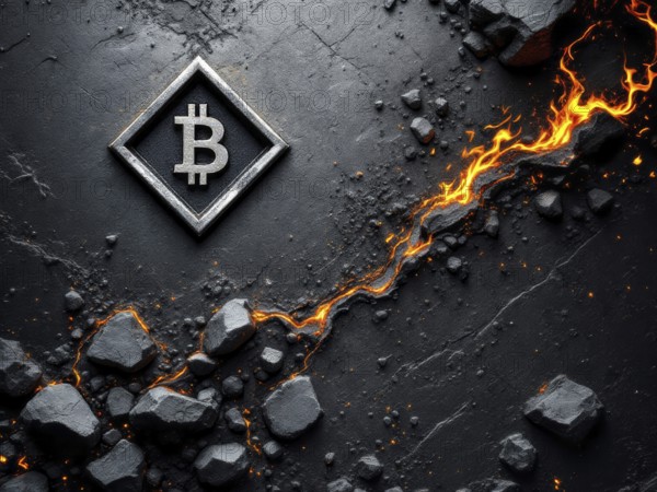 A stylized representation of cryptocurrency, showing its symbol etched into a dark, metallic