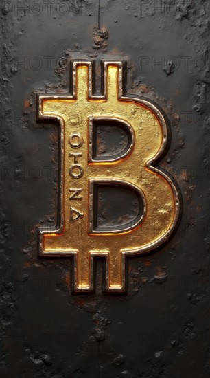 The image shows a three-dimensional gold Bitcoin symbol set against a dark, rough metallic