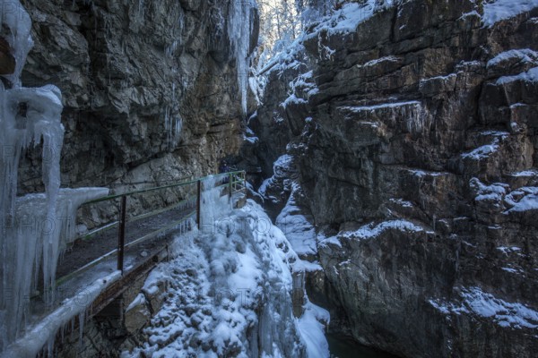 Winter, snowy landscape, icicles, river Breitach and hiking trail through the Breitachklamm gorge