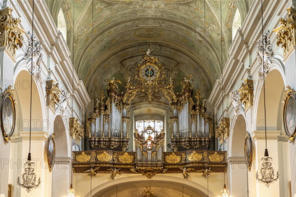Church organ of the baroque parish church Mariahilfer Kirche in Vienna, Austria, Europe