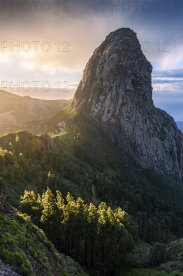 View of the Roque de Agando rock tower, one of La Gomera's landmarks, from the Mirador Roque de