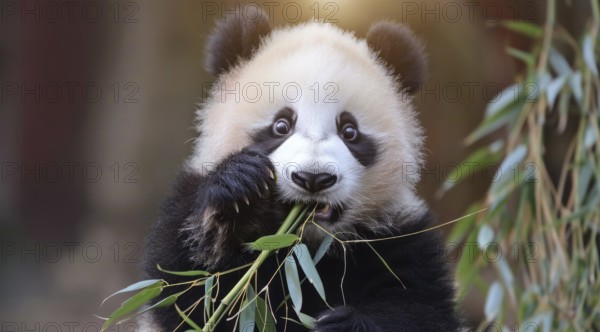 Cute giant panda eats bamboo in its natural habitat., AI generated