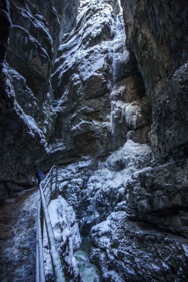Winter, snowy landscape, icicles, river Breitach and hiking trail through the Breitachklamm gorge